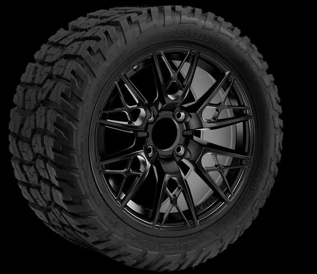 14″ Saber Tooth Glossy Black Wheel – Aluminum Alloy / STEELENG 22″x10.5″-14″ GATOR All Terrain DOT Approved Steeleng