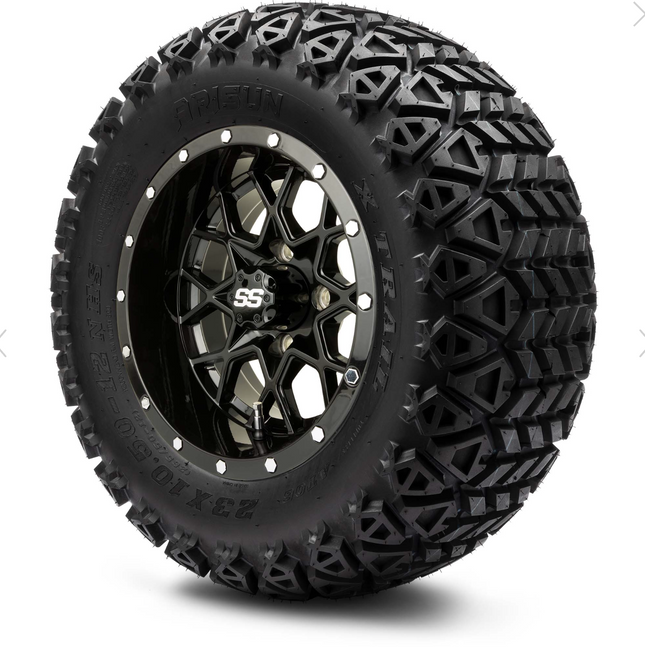 MODZ® 12" Vortex Glossy Black Wheels & Off-Road Tires Combo Steeleng