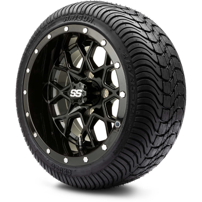 MODZ® 12" Vortex Glossy Black Wheels & Street Tires Combo Steeleng