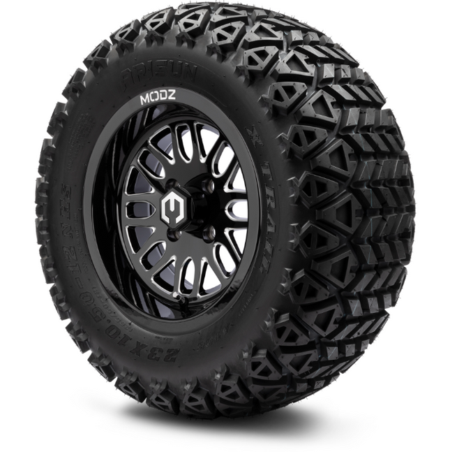 MODZ® 12" Mayhem Glossy Black with Ball Mill Wheels & Off-Road Tires Combo Steeleng