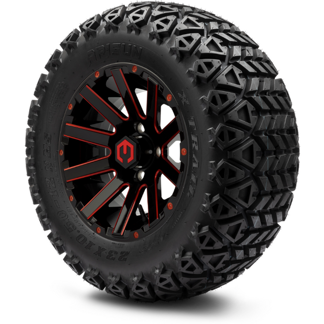 MODZ® 12" Mauler Red and Black with Ball Mill Wheels & Off-Road Tires Combo Steeleng